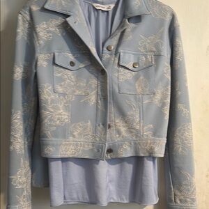 Blue and White Embroidered Jacket & Skirt